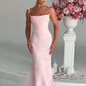 Pink Elegant Women's Spaghetti Strap Tie-Waist Slim-Fit Dress